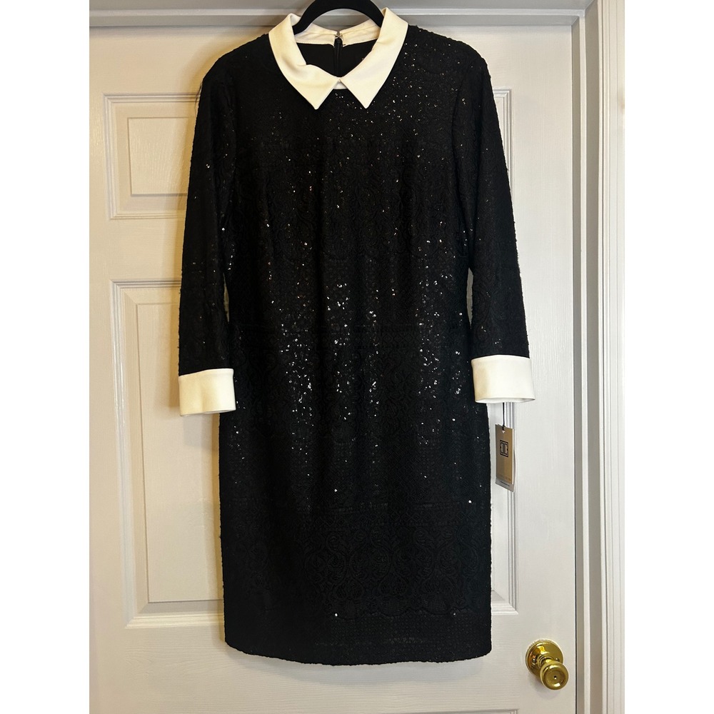 Ivanka Trump Black Sequined Lace Sheath Dress White Peter Pan Collar Size 10 NEW